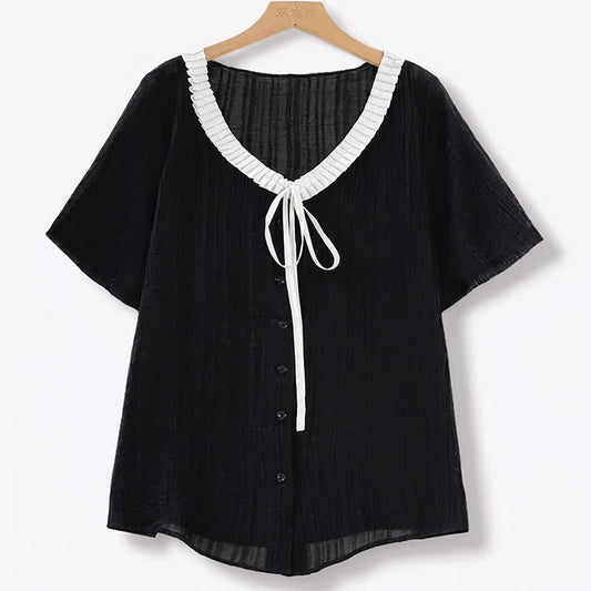 Plus Size Ruffle Tie Neck Top - Black - 6XL - image 0