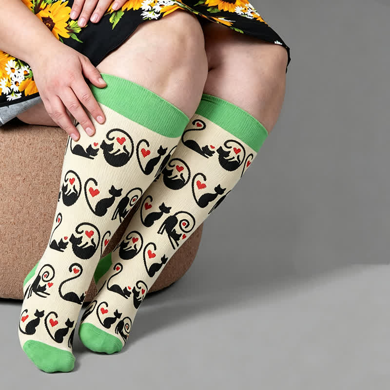 Plus Size Red Stripe Cat Compression Socks - Green - 4XL - image 1