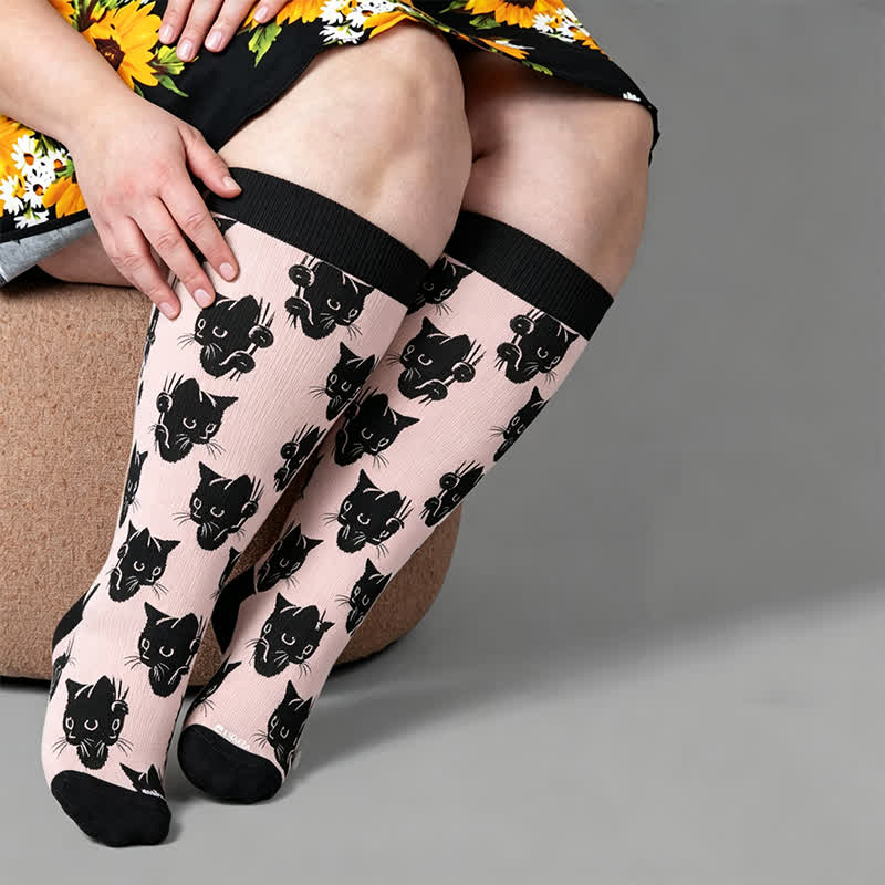 Plus Size Red Stripe Cat Compression Socks - Black - 4XL - image 3
