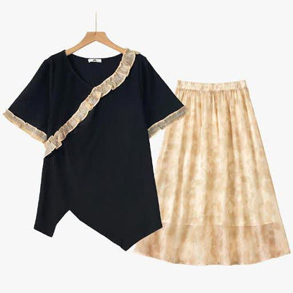 Plus Size Ruffle Trim Asymmetric Top and Flowy Midi Skirt Set - 2Pcs Set - 6XL - image 0