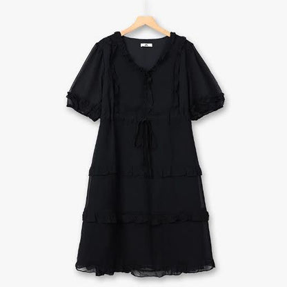 Romantic Plus Size Tiered Ruffle Midi Dress - Black - 7XL - image 1