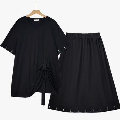 Plus Size Side Tie Ruched Short Sleeve Midi Skirt Matching Set - 2Pcs Set - 6XL - image 0