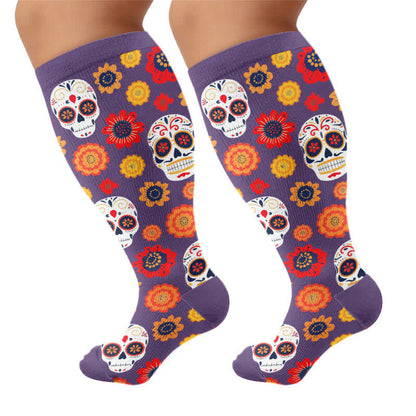 Plus Size Sugar Skull Compression Socks - Purple - 4XL - image 10