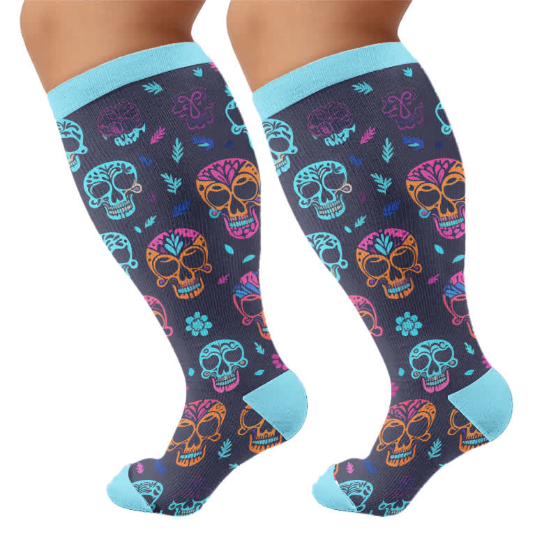 Plus Size Sugar Skull Compression Socks - Blue - 4XL - image 9