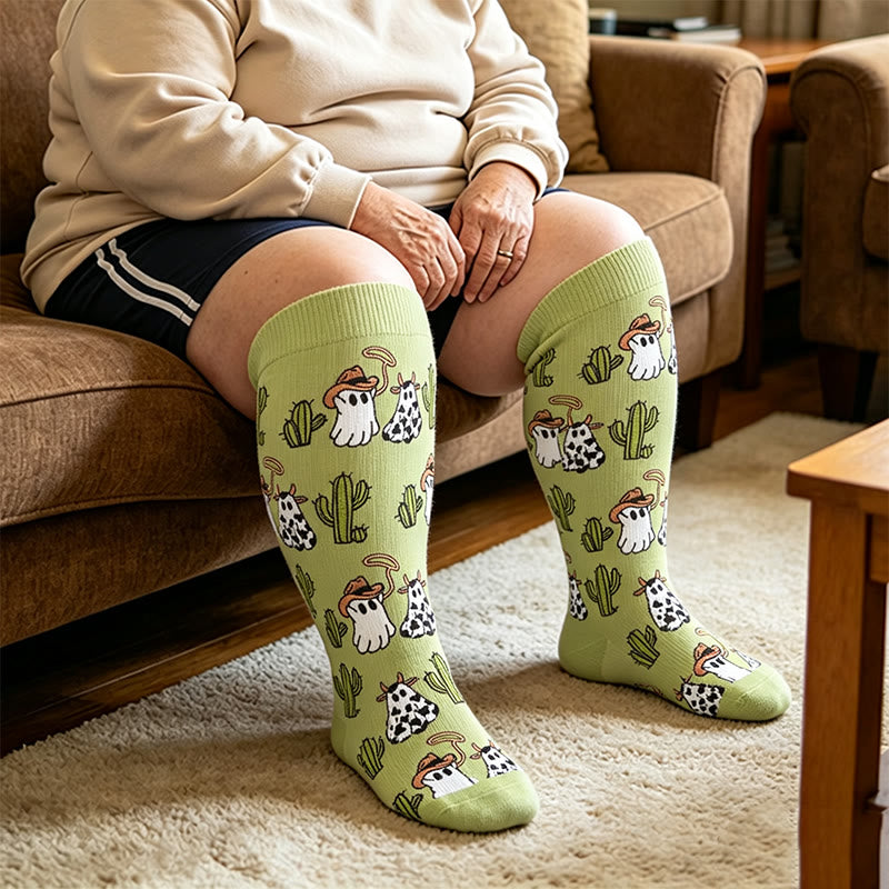 Plus Size Cute Spooky Compression Socks - Army Green - 4XL - image 3