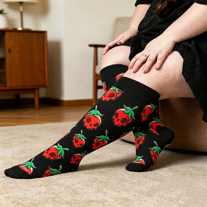 Plus Size Pink Skull Daisy Compression Socks - Black - 4XL - image 2
