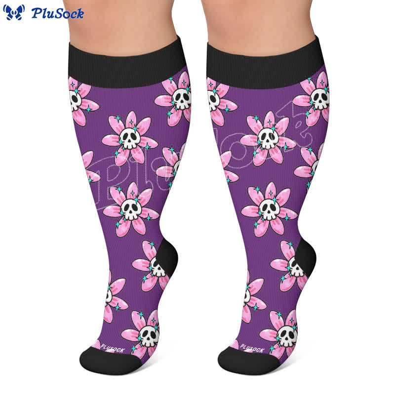 Plus Size Pink Skull Daisy Compression Socks - image 4
