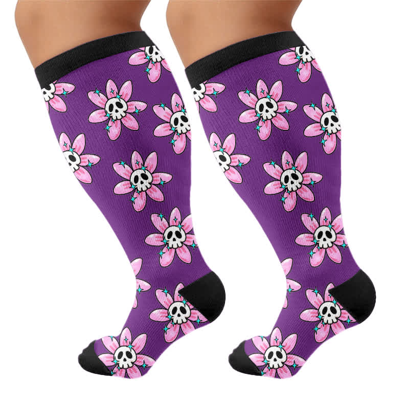 Plus Size Pink Skull Daisy Compression Socks - image 8