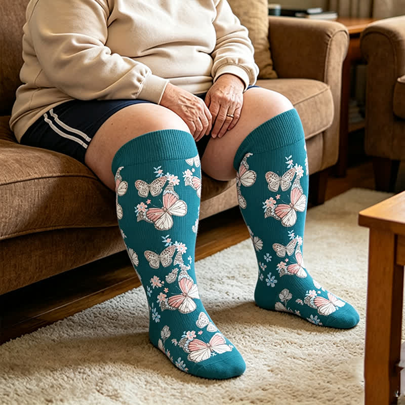 Plus Size Floral Flutter Compression Socks - Blue - 4XL - image 3