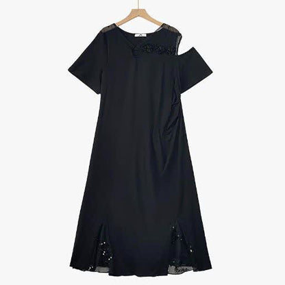 Plus Size Ruched Waist Mesh V Neck Short Sleeve Midi Dress - Black - 6XL - image 1