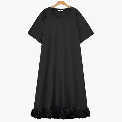 Plus Size Round Neck Short Sleeve Shift Modest Midi Dress - Black - 6XL - image 0