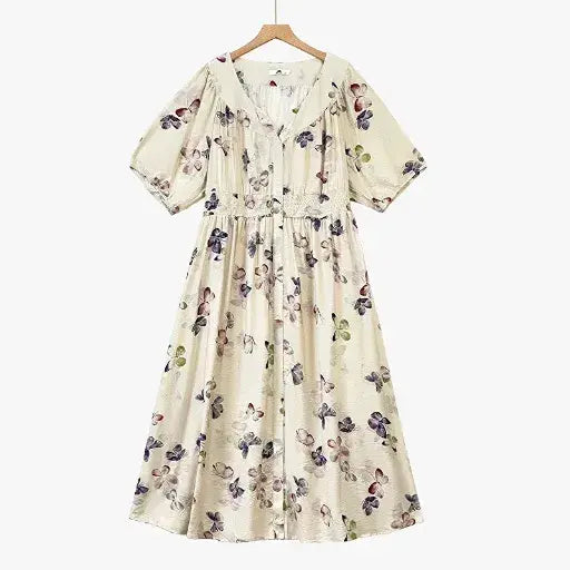 Vintage Floral V Neck Empire Waist Lightweight Sundresses - Beige - 6XL - image 0