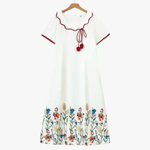 Plus Size Short Sleeve Tassel Tie Floral Midi Dress - White - 6XL - image 0