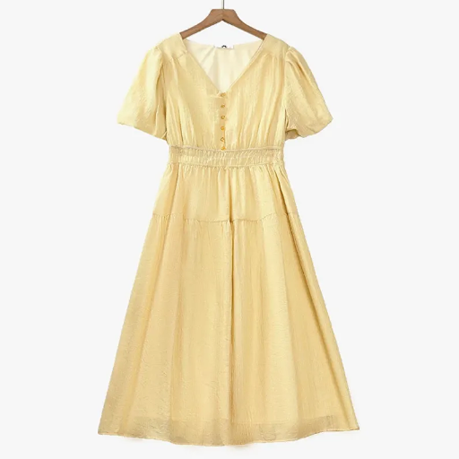 Plus Size V Neck Puff Short Sleeve Empire Waist Midi Dress - Yellow - 6XL - image 0