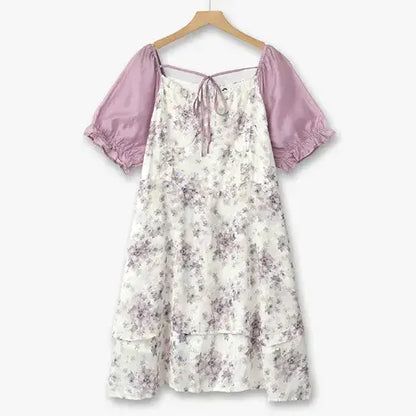 Plus Size Square Neck Puff Contrast Floral Tiered A-line Sundresses - Purple - 6XL - image 0