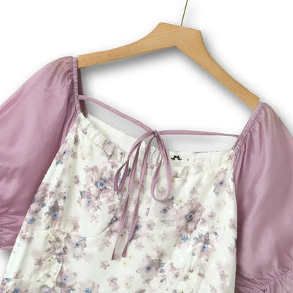 Plus Size Square Neck Puff Contrast Floral Tiered A-line Sundresses - image 1