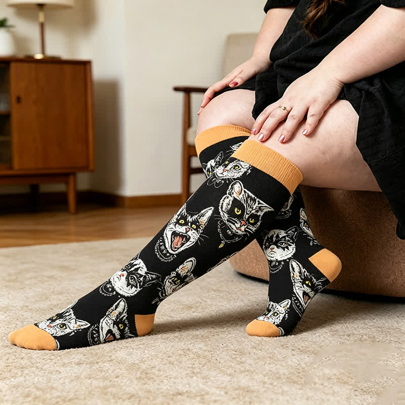 Plus Size Black Orange Cat Compression Socks - Orange - 4XL - image 3