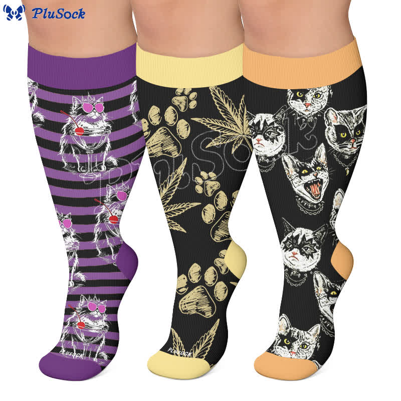 Plus Size Black Orange Cat Compression Socks - image 0