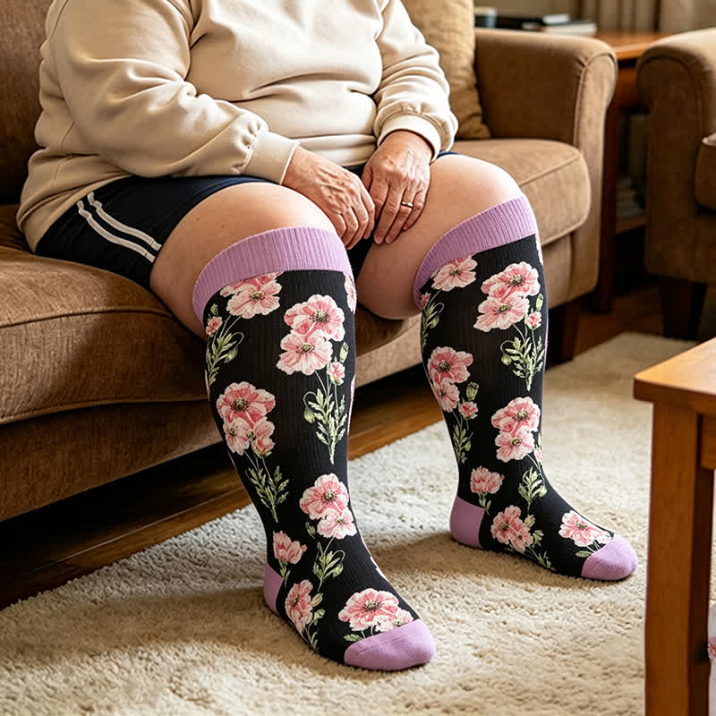 Plus Size Blush Floral Compression Socks - Purple - 4XL - image 2