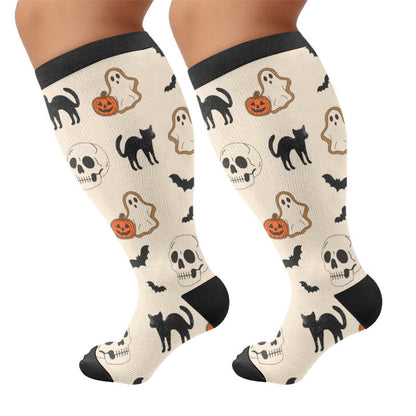 Plus Size Cartoon Pumpkin Cat Ghost Compression Socks - Beige - 4XL - image 7