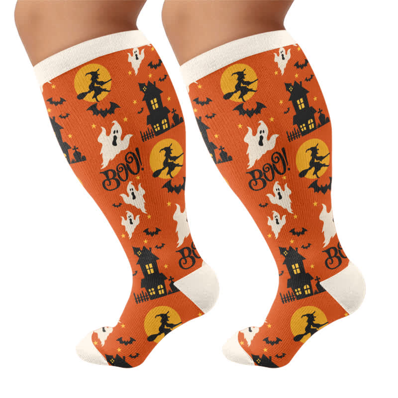 Plus Size Cartoon Pumpkin Cat Ghost Compression Socks - Brown - 4XL - image 8