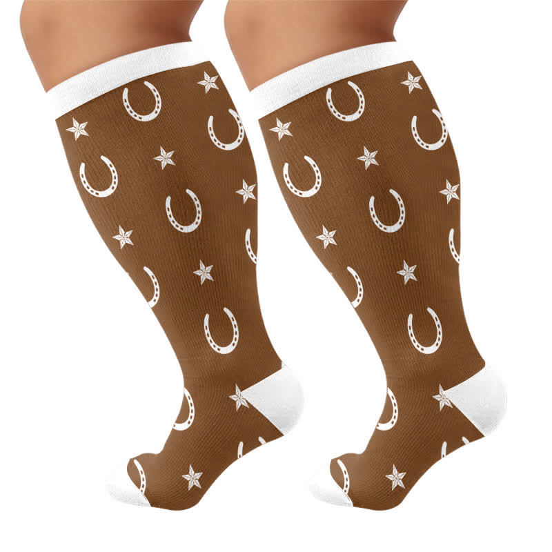 Plus Size Butterfly Lucky Horseshoe Compression Socks - Brown - 4XL - image 5