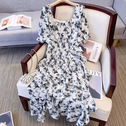 Plus SizeSquare Neck Puff Short Sleeve Floral Tiered Summer Dress - image 1