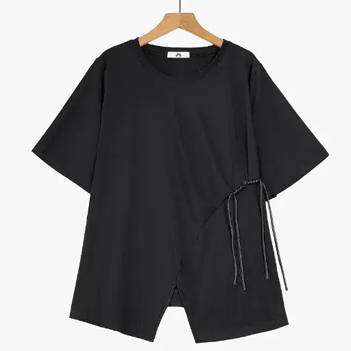 Plus Size Round Neck Short Sleeve Drawstring Tunic Top - Black - 6XL - image 1