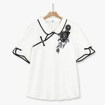 Plus Size Mandarin Collar Frog Button Top & Floral Print Skirt 2 Piece Summer Sets - Blouse - 6XL - image 1
