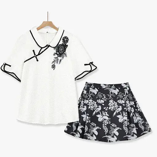 Plus Size Mandarin Collar Frog Button Top & Floral Print Skirt 2 Piece Summer Sets - 2Pcs Set - 6XL - image 0