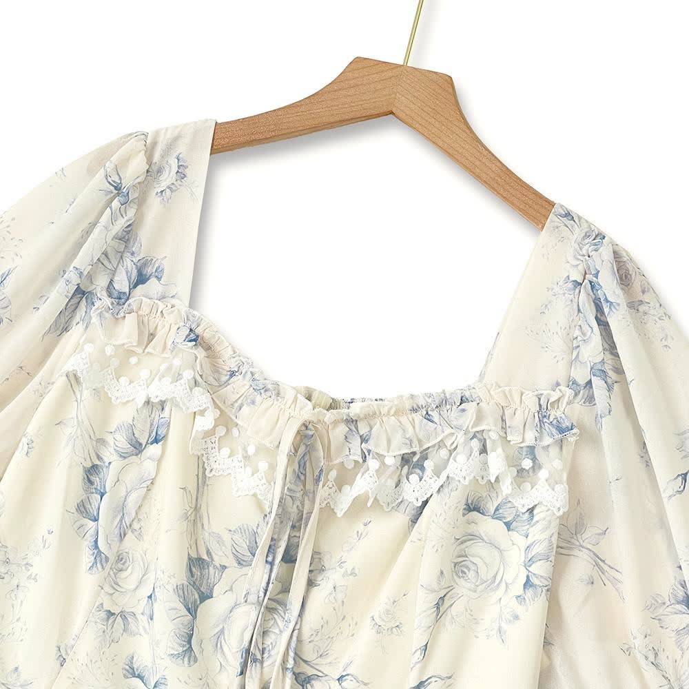 Square Neck Puff Short Sleeve Lace Trim Tiered Summer Dress - image 1