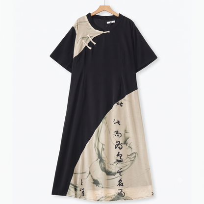 Mandarin Collar Short Sleeve Lightweight Summer Dresses - Black - 6XL - image 0