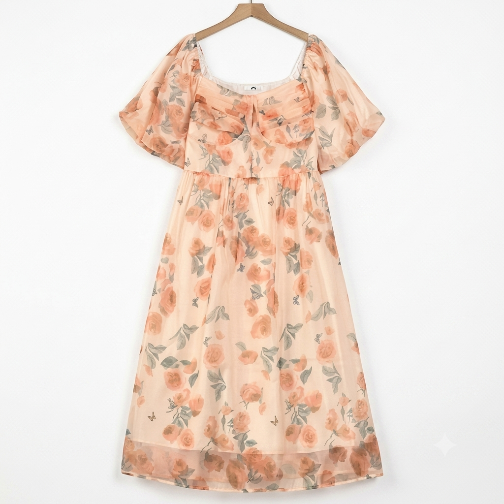 Plus Size Square Neck Puff Short Sleeve Empire Waist Floral Print Summer Dress - Pink - 4XL - image 0