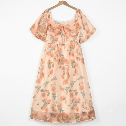 Plus Size Square Neck Puff Short Sleeve Empire Waist Floral Print Summer Dress - Pink - 4XL - image 0