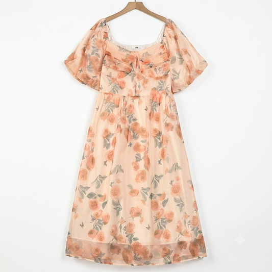 Plus Size Square Neck Puff Short Sleeve Empire Waist Floral Print Summer Dress - Pink - 4XL - image 0
