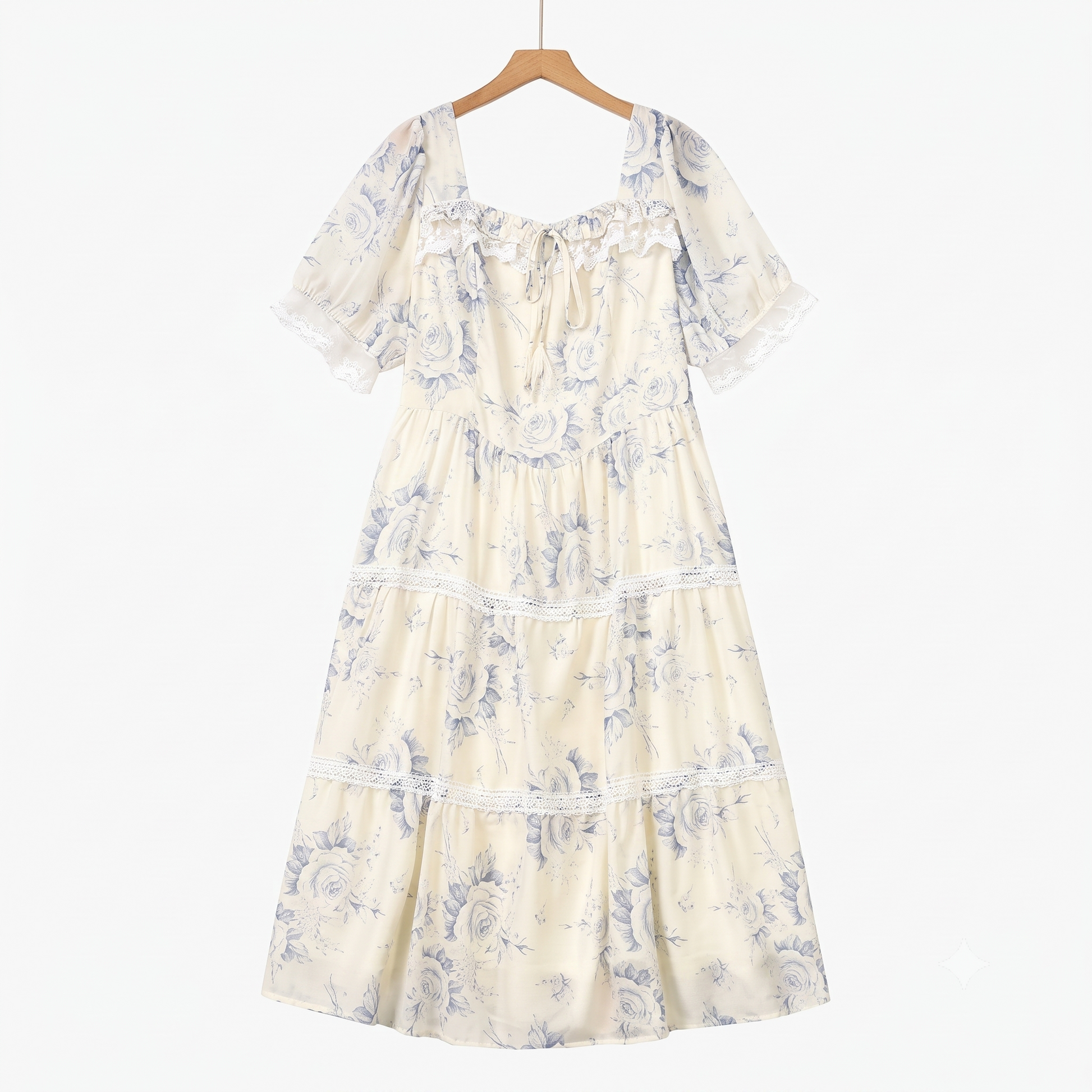 Square Neck Puff Short Sleeve Lace Trim Tiered Summer Dress - Beige - 6XL - image 0