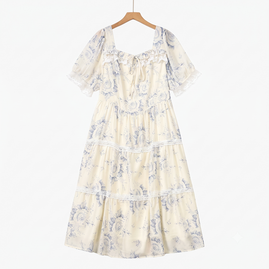 Square Neck Puff Short Sleeve Lace Trim Tiered Summer Dress - Beige - 6XL - image 0
