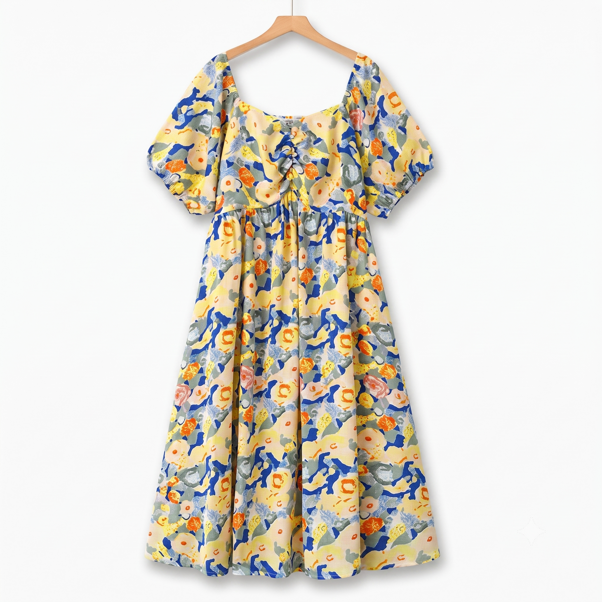 Plus Size Empire Waist Floral Puff Short Sleeve Lightweight Summer Dress - Yellow - 6XL - image 0