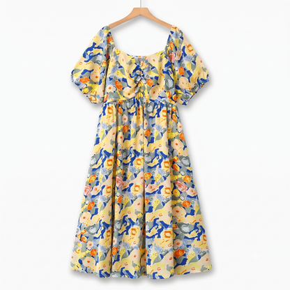 Plus Size Empire Waist Floral Puff Short Sleeve Lightweight Summer Dress - Yellow - 6XL - image 0
