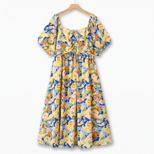 Plus Size Empire Waist Floral Puff Short Sleeve Lightweight Summer Dress - Yellow - 6XL - image 0