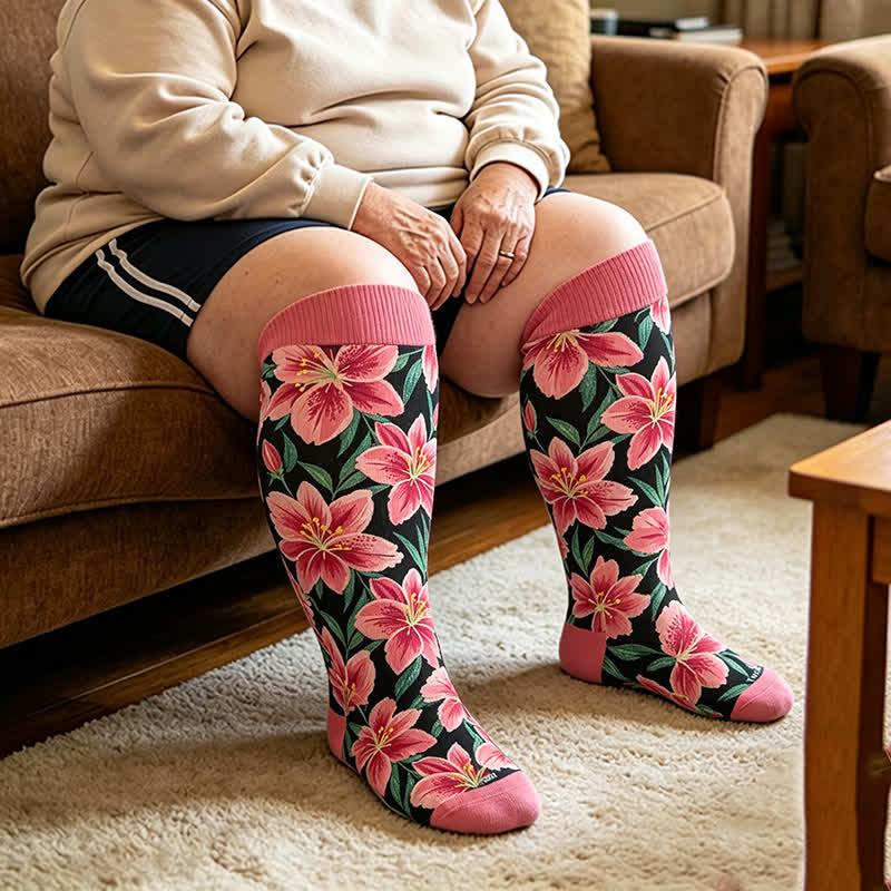 Plus Size Rose Garden Compression Socks - Red - 4XL - image 1
