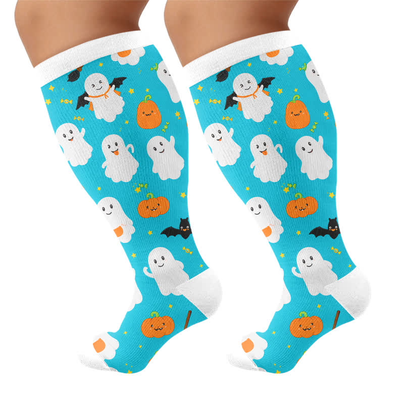 Plus Size Ghost Pumpkin Compression Socks - Blue - 4XL - image 9