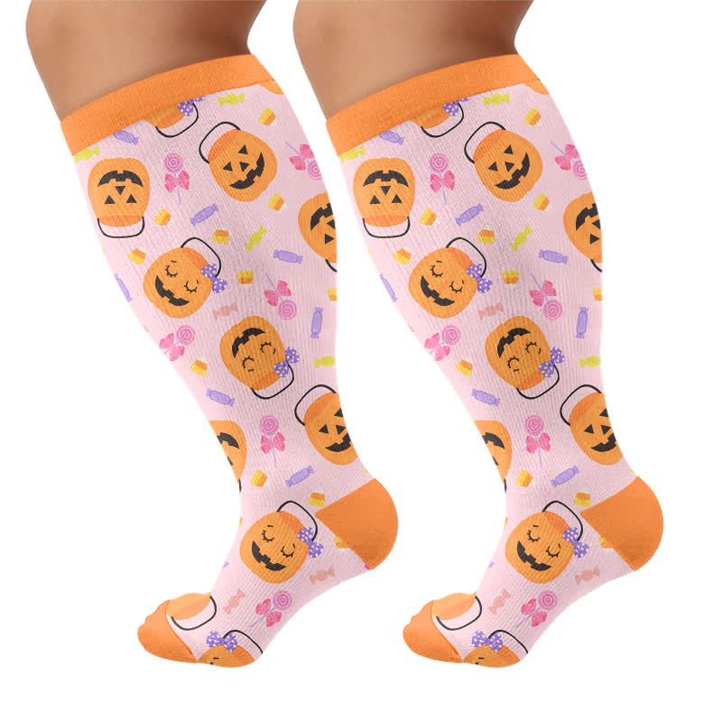 Plus Size Ghost Pumpkin Compression Socks - Pink - 4XL - image 8
