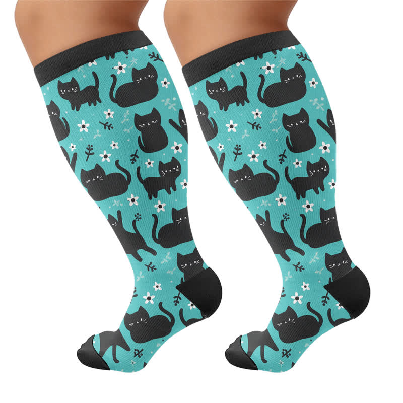 Plus Size Cartoon Ghost Cat Compression Socks - Green - 4XL - image 8