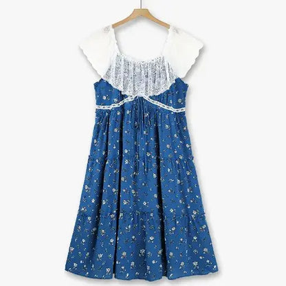 Plus Size Lace Flutter Sleeve Ditsy Floral Tiered Summer Midi Dress - Blue - 6XL - image 0