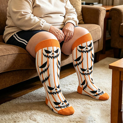 Plus Size Black Cat Bat Compression Socks - Orange - 4XL - image 1