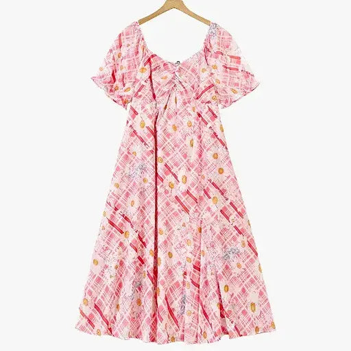 Plus Size Square Neck Puff Short Sleeve Plaid Daisy Print Summer Maxi Dress - Pink - 6XL - image 0