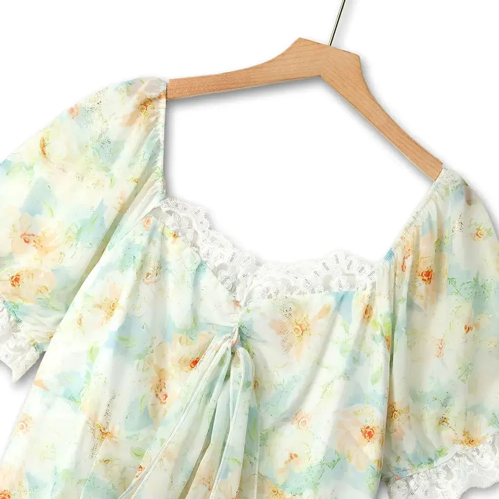 Plus Size Square Neck Lace Trim Floral Print Puff Sleeve Summer Maxi Dress - image 1
