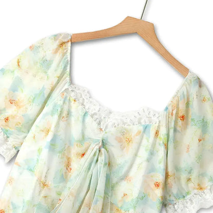 Plus Size Square Neck Lace Trim Floral Print Puff Sleeve Summer Maxi Dress - image 1