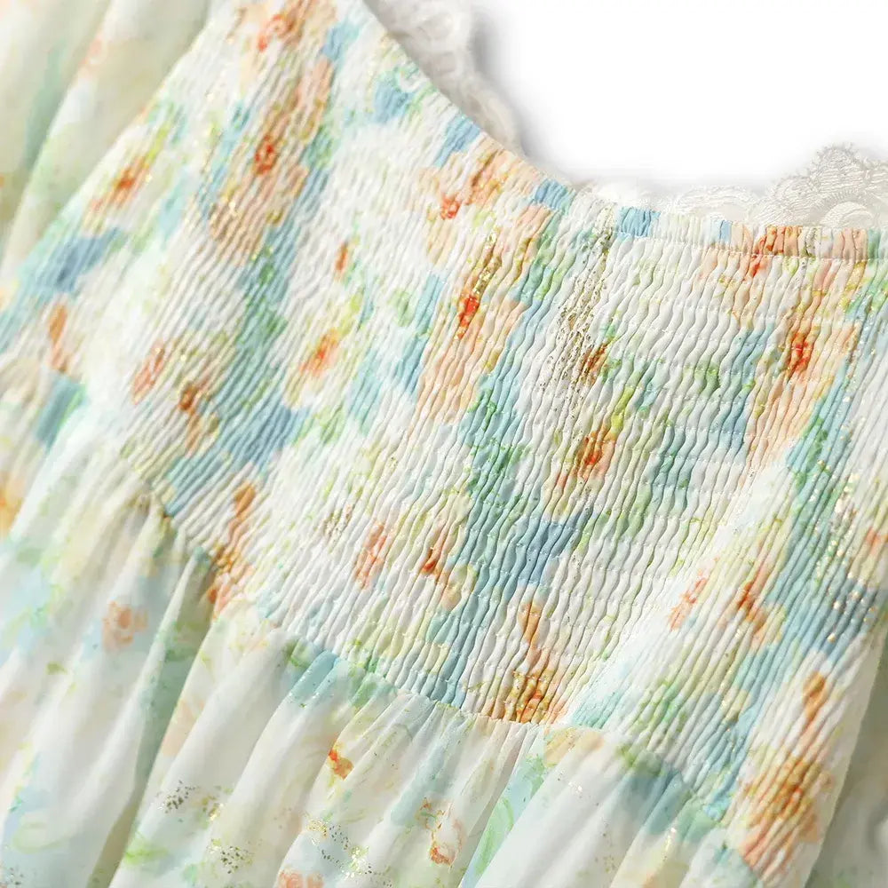 Plus Size Square Neck Lace Trim Floral Print Puff Sleeve Summer Maxi Dress - image 2